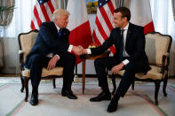 <p>President Donald Trump shakes hands with French President Emmanuel Macron during a meeting at the U.S. Embassy, Thursday, May 25, 2017, in Brussels. (AP Photo/Evan Vucci) </p>