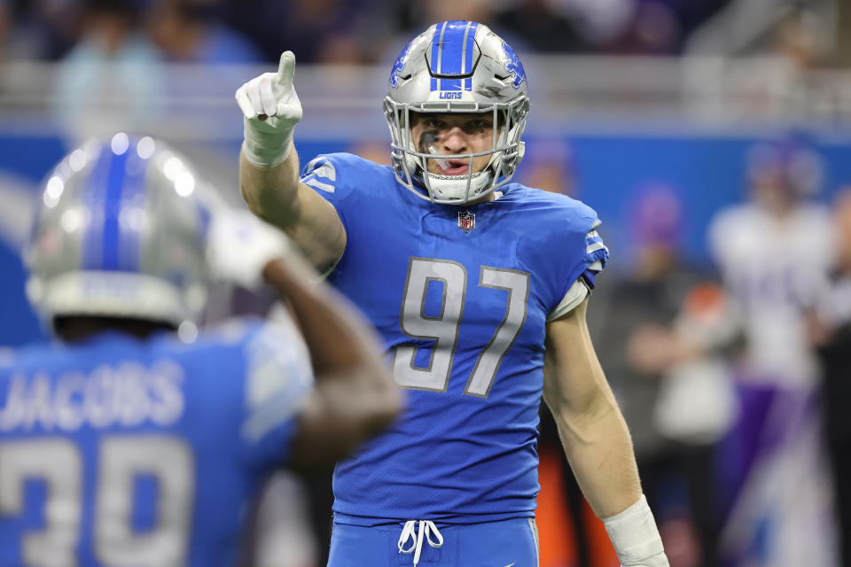 Aidan Hutchinson of the Detroit Lions, the second pick of last year's draft, had a huge rookie season. (Photo by Gregory Shamus/Getty Images)