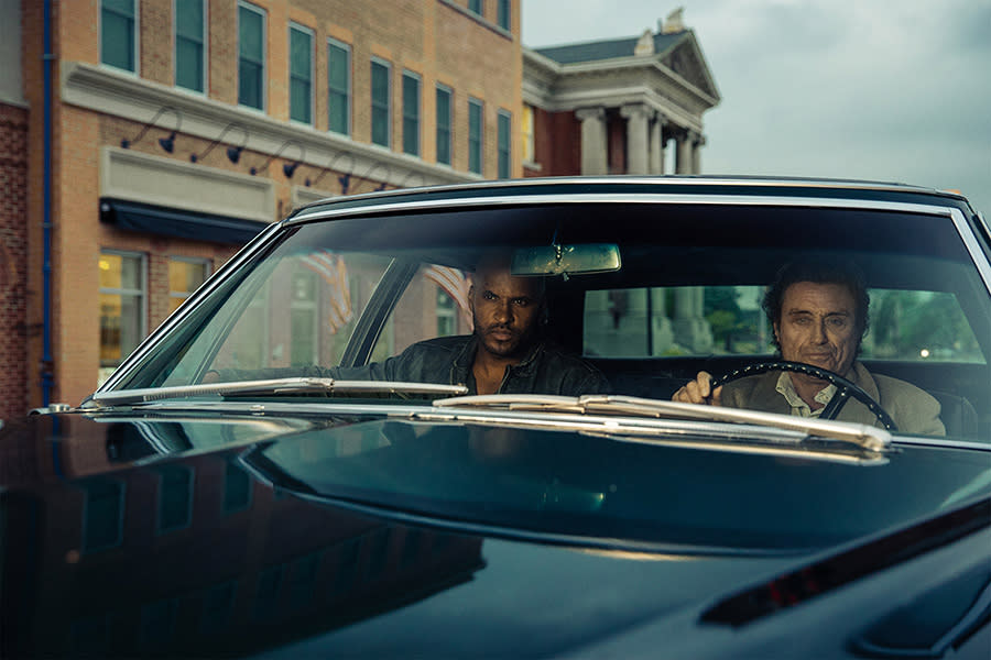 <p>Ian McShane as Mr. Wednesday and Ricky Whittle as Shadow Moon in Starz’s <i>American Gods</i>.<br><br>(Photo: Starz) </p>