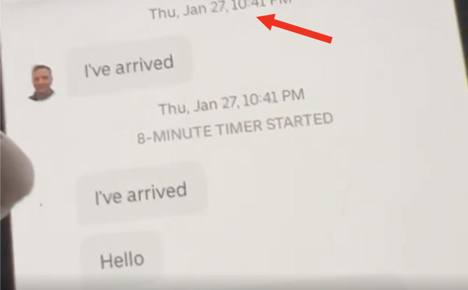 Screenshot showing driver's "I've arrived" text