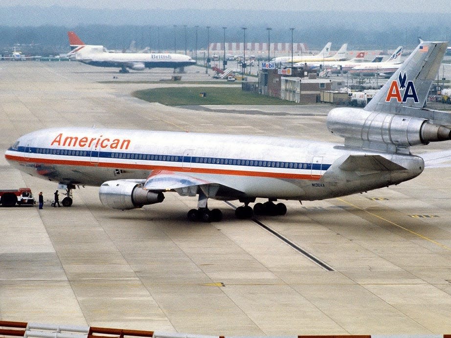 An American Airlines DC-10 at London Gatwick bound for Dallas/Fort Worth.