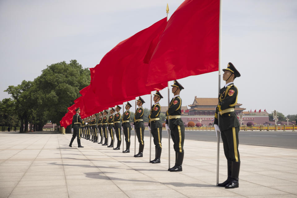 Chinese honor guard stands in formation before a welcoming ceremony for Russian Prime Minister Mikhail Mishustin in Beijing, China, Wednesday, May 24, 2023. (Thomas Peter/Pool Photo via AP)