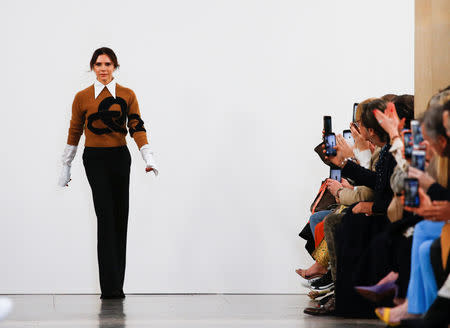 Designer Victoria Beckham after her catwalk show during London Fashion Week Women's A/W19 in London, Britain February 17, 2019. REUTERS/Henry Nicholls