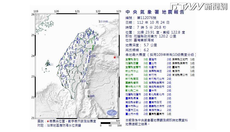 台灣東部海域於今（24）日上午7點05分發生今年首次芮氏規模6以上地震，氣象署地震測報中心提醒、未來5天恐出現規模5.5到6的餘震。（圖／中央氣象署）