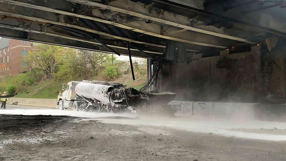 A tanker carrying 8,500 gallons of gasoline caught fire Thursday after a multi-vehicle crash on I-95 in Norwalk, Connecticut. - Norwalk Police Department via AP