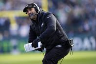 Philadelphia Eagles' Nick Sirianni directs his team during the first half of an NFL football game against the Tennessee Titans, Sunday, Dec. 4, 2022, in Philadelphia. (AP Photo/Matt Slocum)