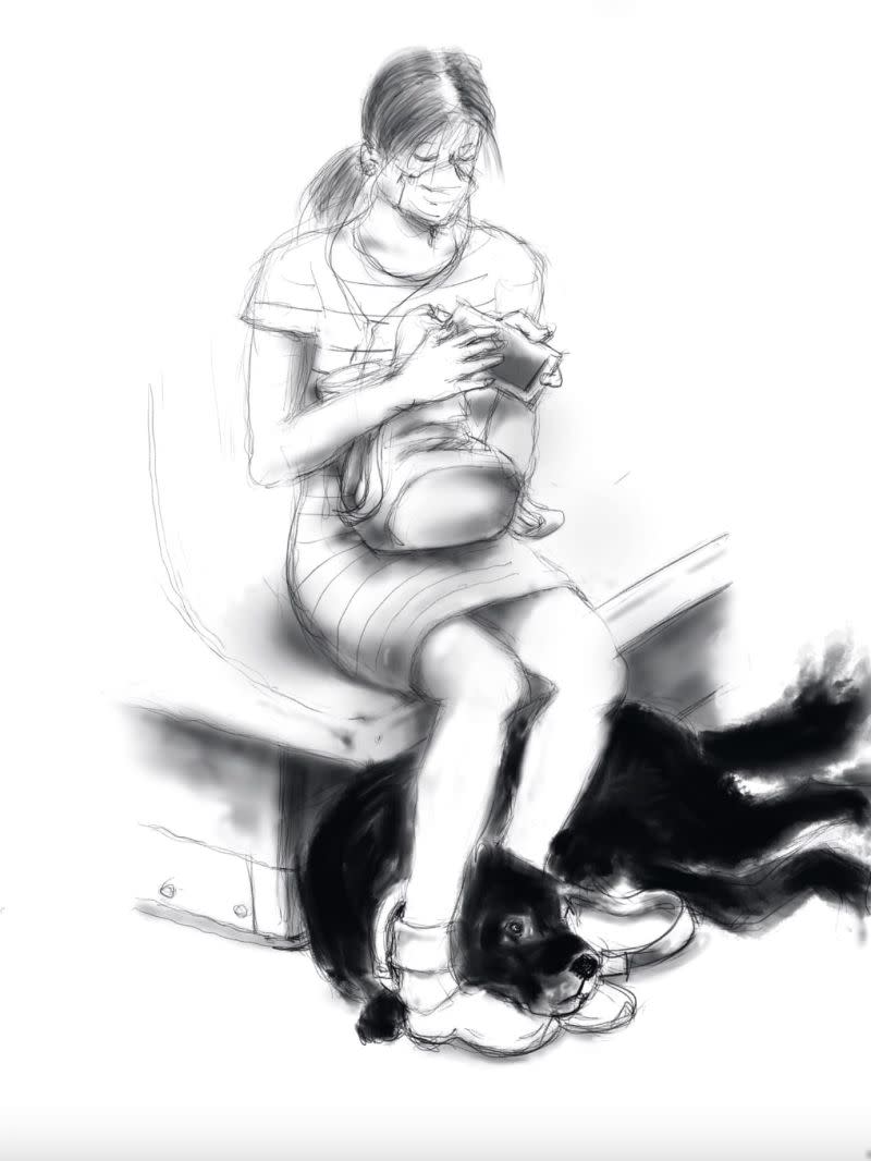 ▲原PO搭捷運時，看見一位女性視障朋友和一隻導盲犬，並將這個畫面畫下來。（圖／翻攝自《爆廢公社》）