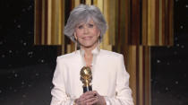 In this video grab issued Sunday, Feb. 28, 2021, by NBC, Jane Fonda accepts the Cecil B. deMille Award at the Golden Globe Awards. (NBC via AP)