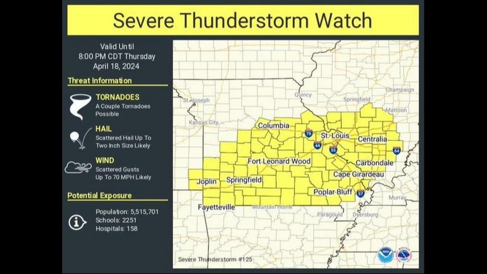 The National Weather Service has issued a severe thunderstorm watch until 8 p.m. Thursday.