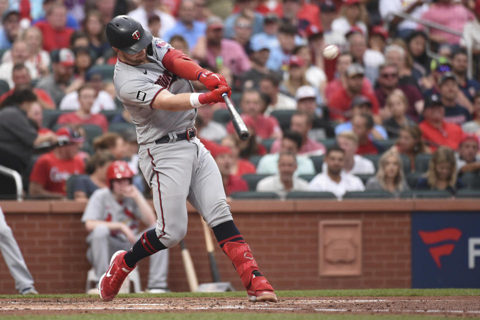 Minnesota Twins' Ryan Jeffers hits a three-run home run during the third inning of a baseball game against the St. Louis Cardinals on Saturday, July 31, 2021, in St. Louis. (AP Photo/Joe Puetz)