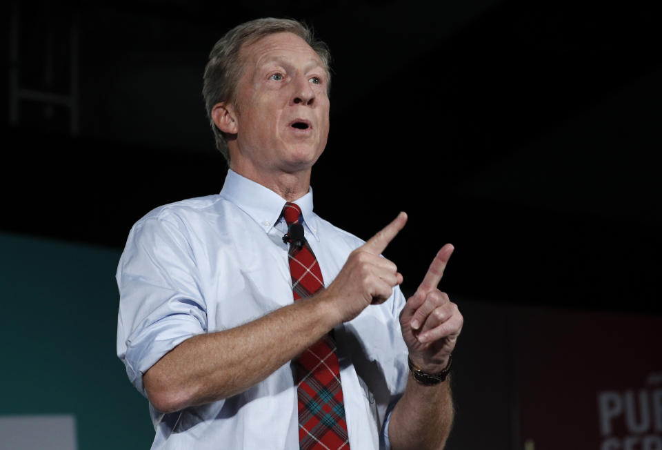 Democratic presidential candidate and businessman Tom Steyer speaks during a public employees union candidate forum Saturday, Aug. 3, 2019, in Las Vegas. (AP Photo/John Locher)