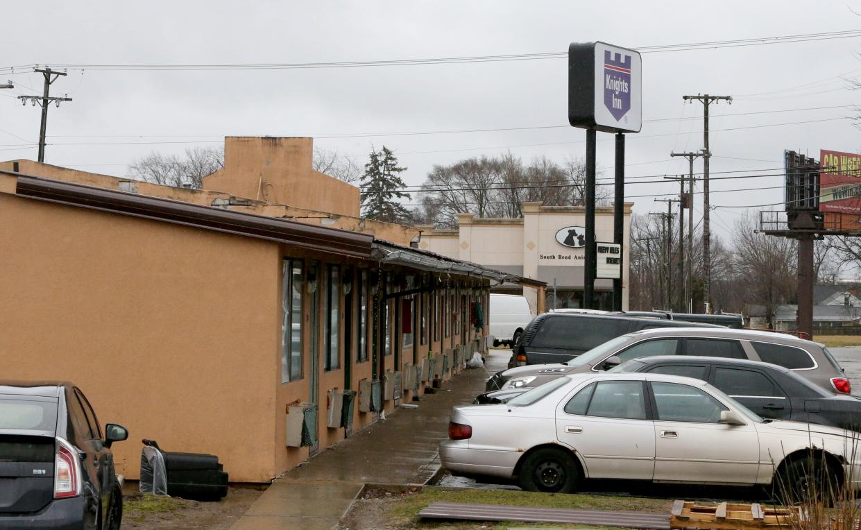 One of several buildings houses residents Thursday, Feb. 9, 2023, at Motels4Now at the Knights Inn on Lincoln Way West in South Bend.