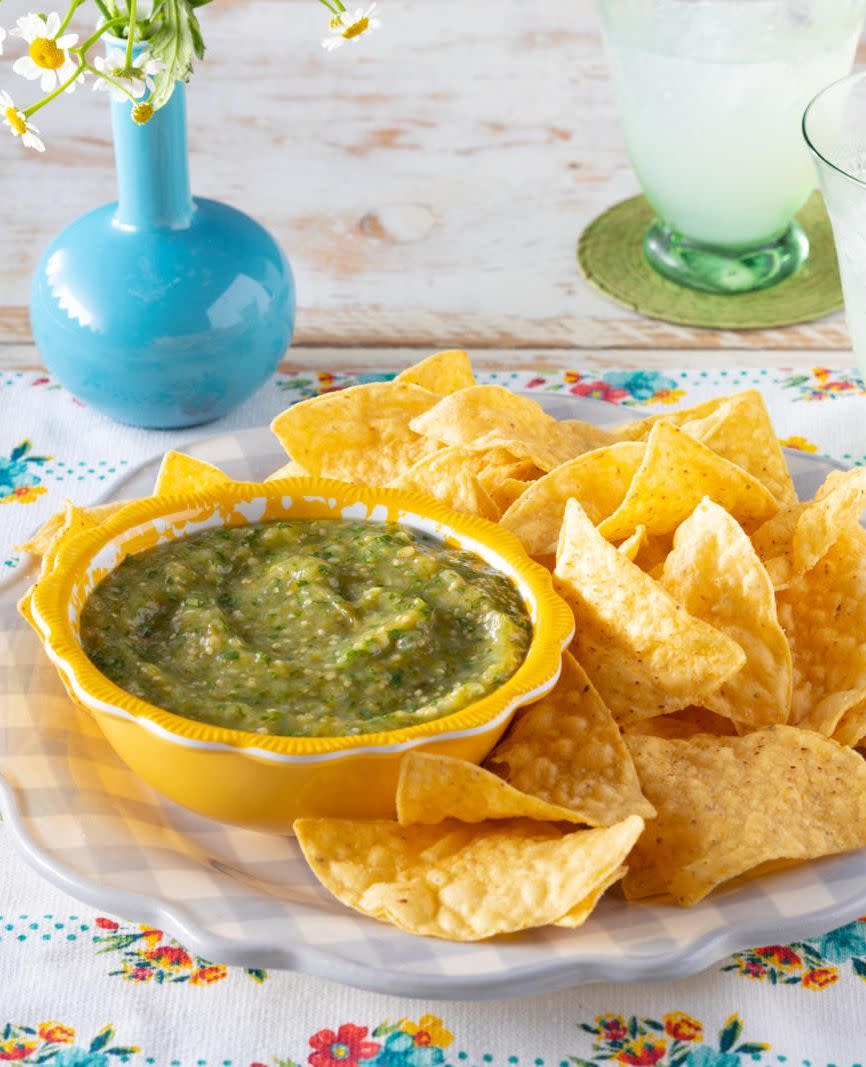 homemade tomatillo salsa with tortilla chips