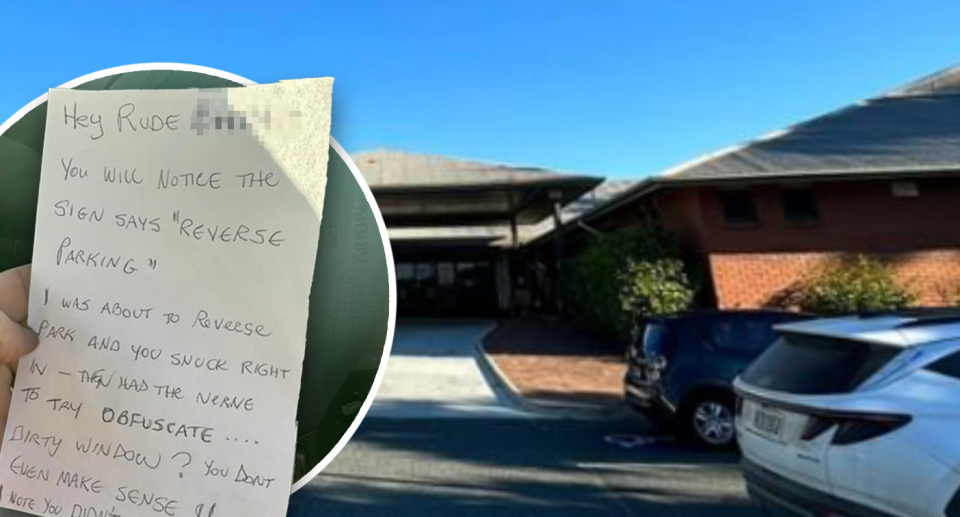 An aggressive hand-written note is seen outside of the hospital where the mum presented her son for a sports injury. 