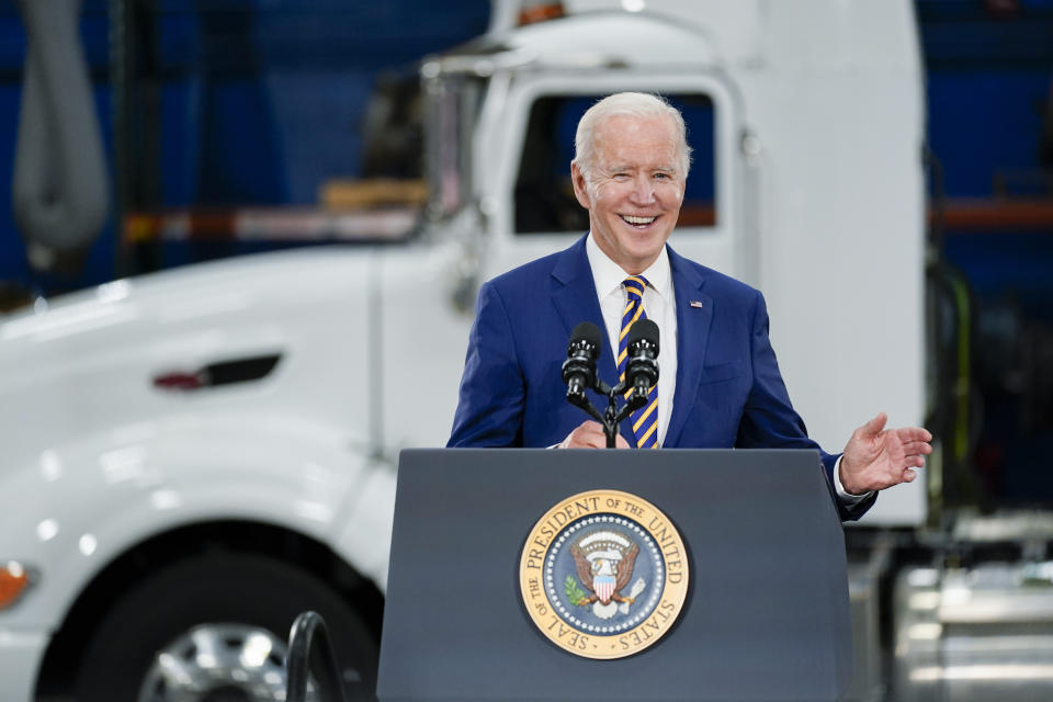 President Joe Biden speaks at Dakota County Technical College, in Rosemount, Minn., Tuesday, Nov. 30, 2021. (AP Photo/Carolyn Kaster)