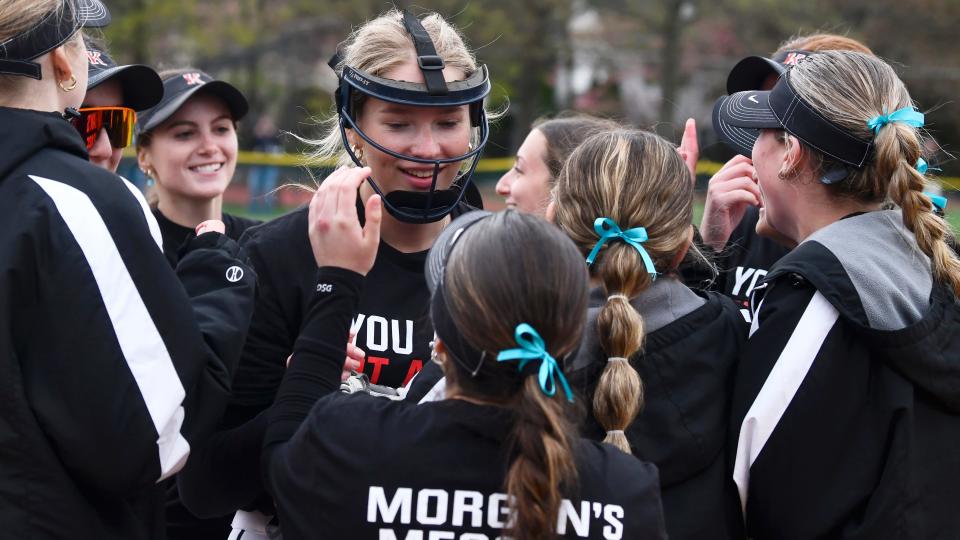 Kingsway's Jessa Pieters, center, celebrates with teammates after Kingsway defeated Haddon Heights, 1-0, in the softball game played at Haddon Heights High School on Thursday, April 18, 2024.
