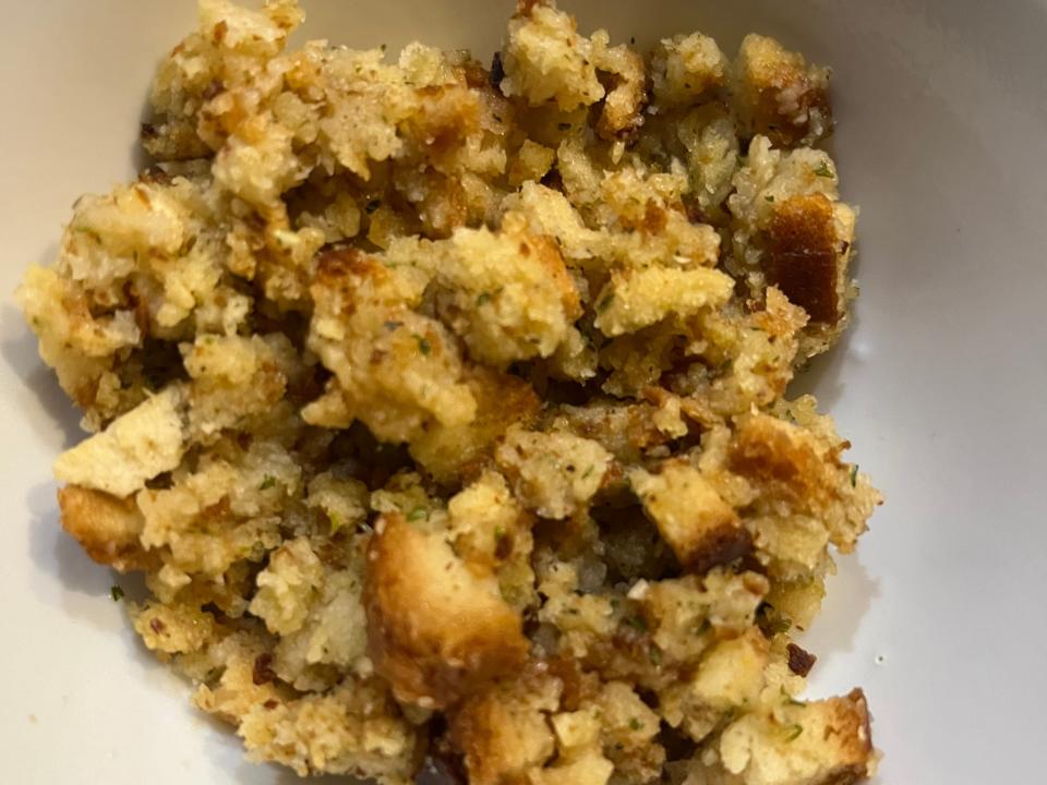 Brioche stuffing mix in a bowl