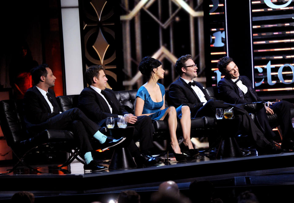 CULVER CITY, CA - AUGUST 25: (L-R) Comedian Nick Kroll, actor Jonah Hill, comedienne Sarah Silverman, Roast Master Seth Rogen and roastee James Franco onstage during The Comedy Central Roast of James Franco at Culver Studios on August 25, 2013 in Culver City, California. The Comedy Central Roast Of James Franco will air on September 2 at 10:00 p.m. ET/PT.  (Photo by Kevin Winter/Getty Images for Comedy Central)