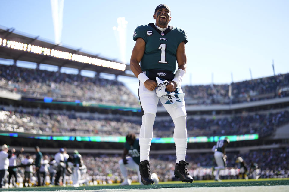 Philadelphia Eagles quarterback Jalen Hurts yells on the sidelines ahead of an NFL football game between the Pittsburgh Steelers and Philadelphia Eagles, Sunday, Oct. 30, 2022, in Philadelphia. (AP Photo/Matt Slocum)