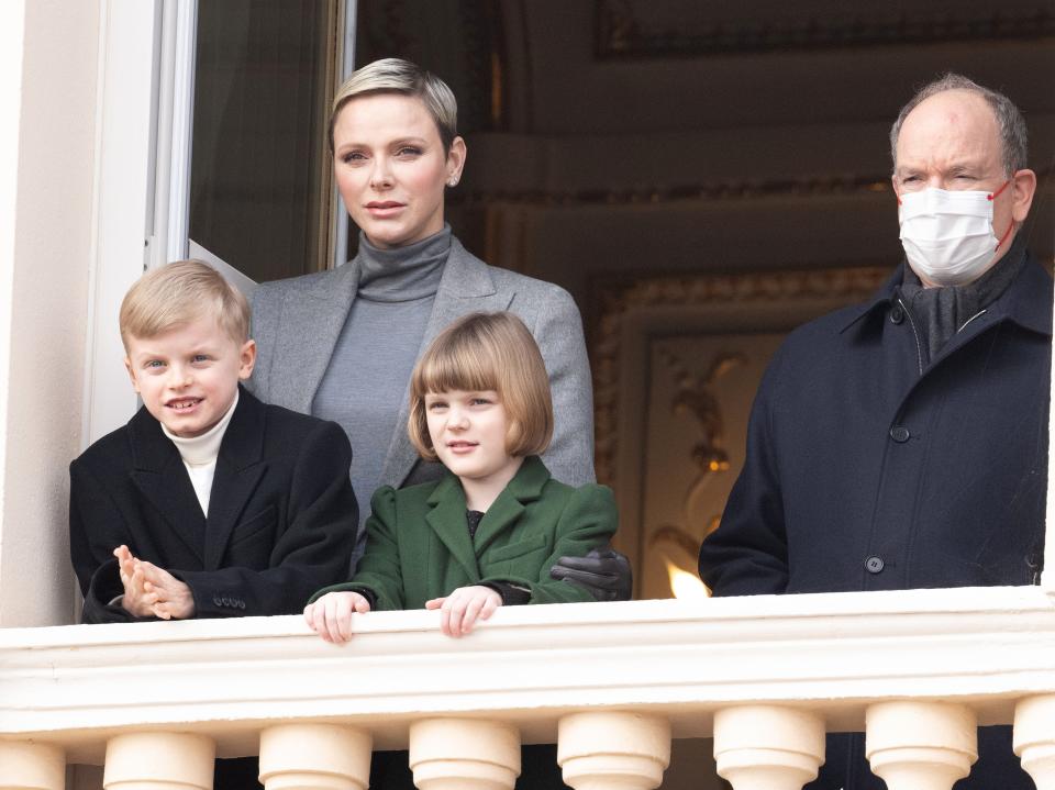 Princess Charlene and Prince Albert and their children of Monaco in 2023 at the Ceremony of the Sainte Devote in Monaco