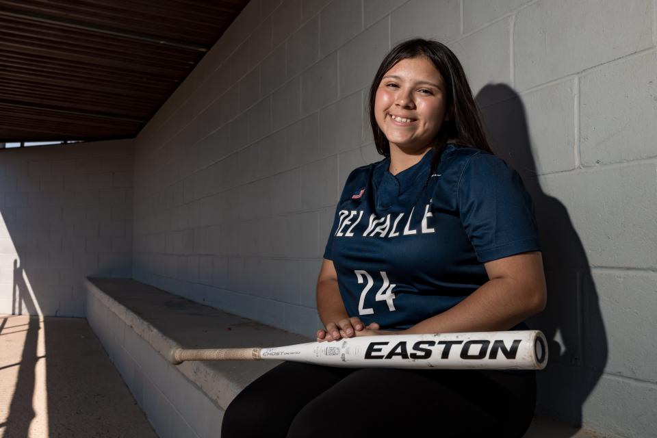 Del Valle softball player Julianna Grace Santos will play for Team Mexico in the summer. She sits at the Del Valle softball field dugout on Wednesday, May 31, 2023, for a portrait.