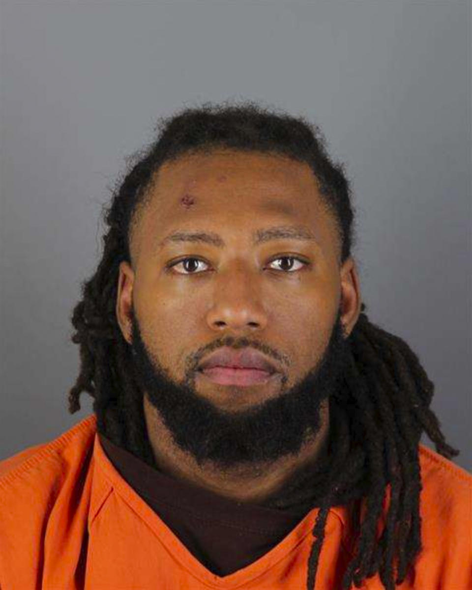This booking photo provided by the Hennepin County, Minn., Sheriff’s Office shows Derrick Thompson. Thompson was booked into the Hennepin County Jail on Monday, June 19, 2023, in the aftermath of a crash on Friday, June 16, that killed five young women in Minneapolis after the speeding driver blew past a state trooper, ran a red light and slammed into their car. Thompson served a hit-and-run sentence for a different incident in a California prison until his release earlier this year. (Hennepin County Sheriff’s Office via AP)