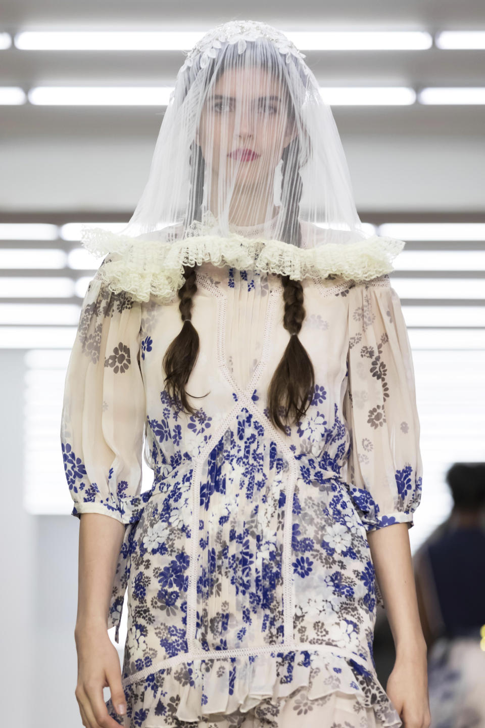 A model wears a creation by Bora Aksu at the Spring/Summer 2020 fashion week runway show in London, Friday, Sept. 13, 2019. (Photo by Grant Pollard/Invision/AP)