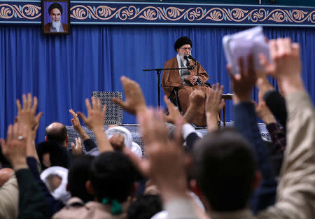 Iranian Supreme Leader Ayatollah Ali Khamenei delivers a speech during a meeting with Iranians from the East Azerbaijan province, in Tehran, Iran February 18, 2019. Khamenei.ir/Handout via REUTERS