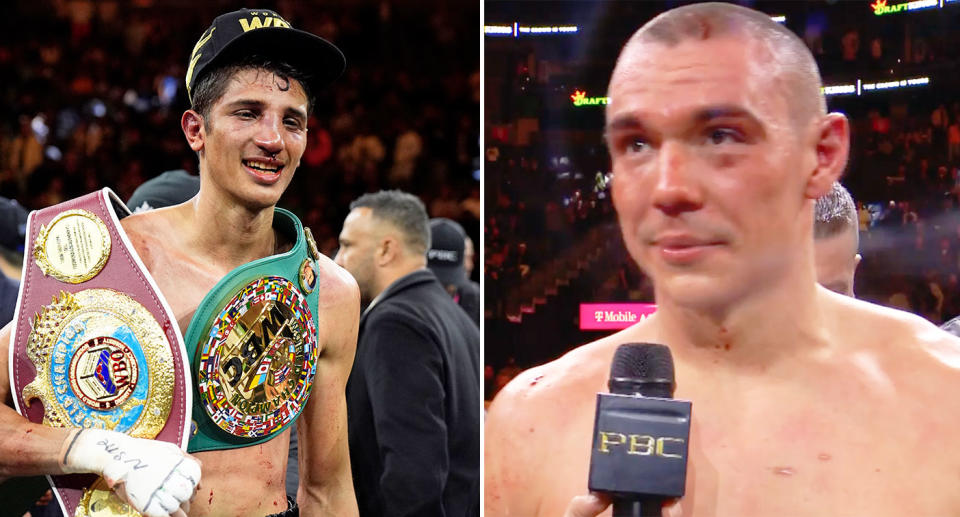 Sebastian Fundora won the super-welterweight unification world title fight against Tim Tszyu via split decision in Las Vegas. Pic: AAP/Main Event