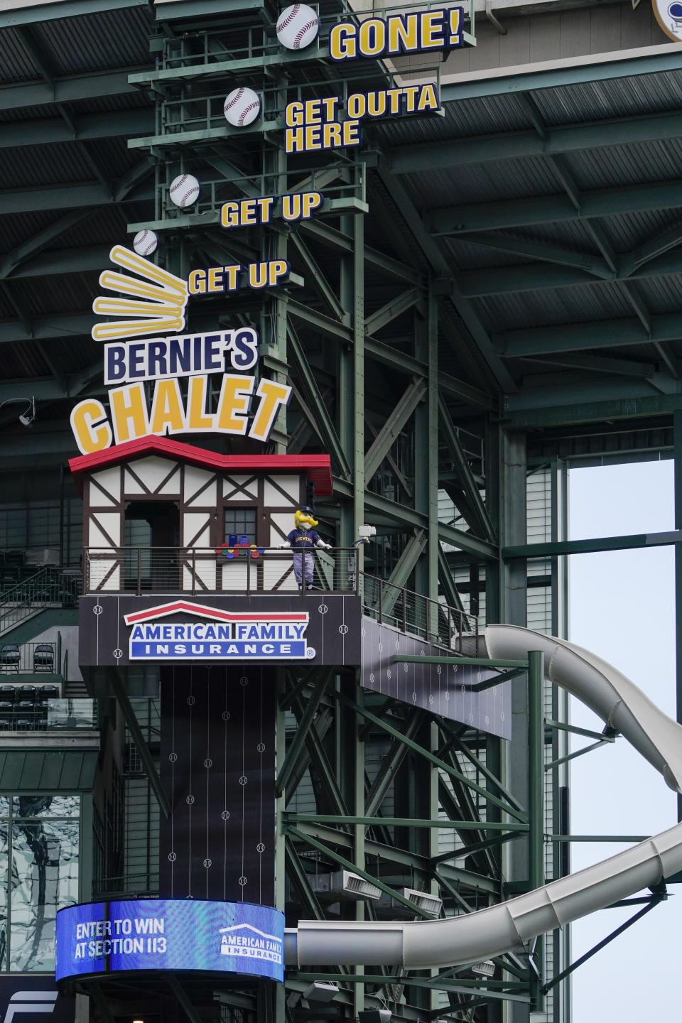 Milwaukee Brewers mascot Bernie Brewer's slide is seen before a baseball game between the Milwaukee Brewers and the Los Angeles Dodgers Thursday, Aug. 18, 2022, in Milwaukee. Los Angeles Dodgers television reporter David Vassegh said he broke two bones in his right wrist and cracked six ribs Wednesday when he tumbled and crashed into the padding at the end of his slide down "Bernie's Chalet," where Brewers mascot Bernie Brewer takes up residence behind the American Family Field left-field stands. (AP Photo/Morry Gash)