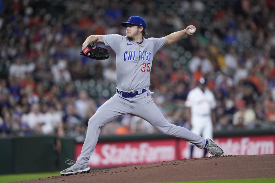 Chicago Cubs starting pitcher Justin Steele (35) throws against the Houston Astros during the first inning of a baseball game Tuesday, May 16, 2023, in Houston. (AP Photo/David J. Phillip)