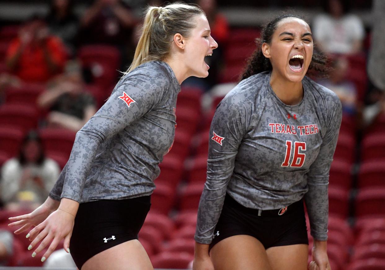 The Texas Tech volleyball team will try to snap out of a tailspin when the Red Raiders host West Virginia at 1 p.m. Saturday. Brooke Kanas, left, has 216 kills and a team-high 99 blocks, and Reese Rhodes, right, has a team-leading 911 assists.