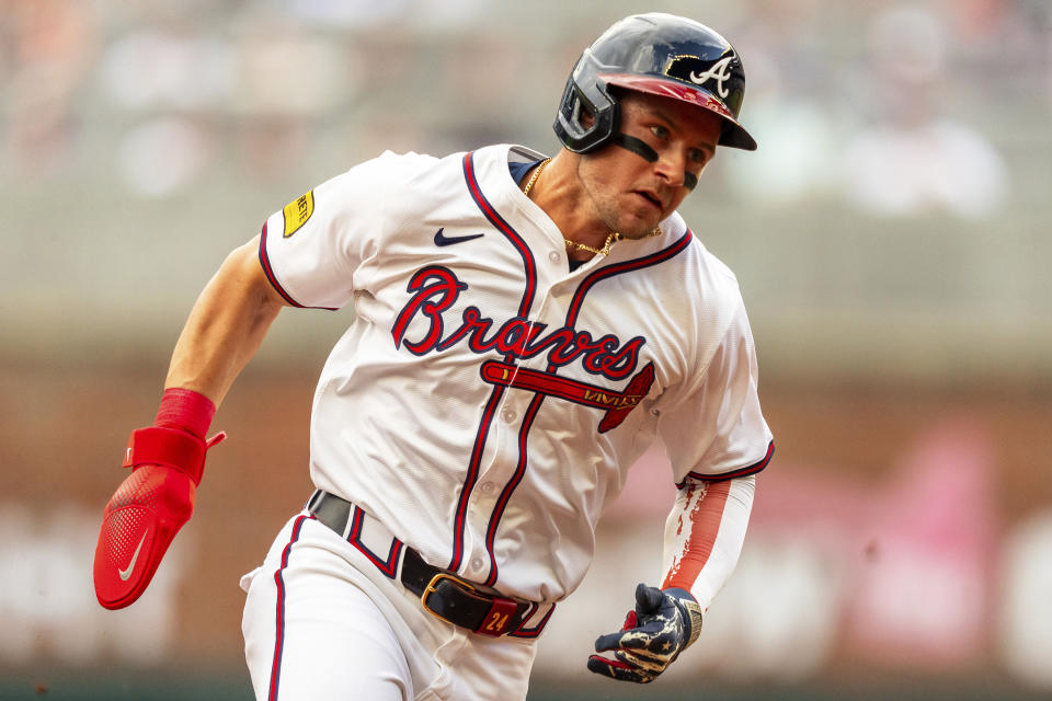 Atlanta Braves' Jarred Kelenic runs toward third base during the first inning of a baseball game against the San Francisco Giants, Thursday, July 4, 2024, in Atlanta. (AP Photo/Jason Allen)