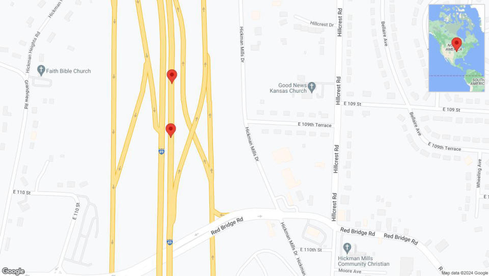 A detailed map that shows the affected road due to 'Broken down vehicle on northbound I-40/US-71 in Kansas City' on January 5th at 5:48 p.m.