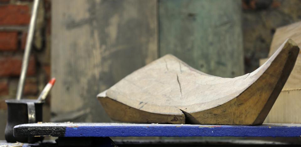 A piece of a gondola is seen in the San Trovaso boatyard, also known as a