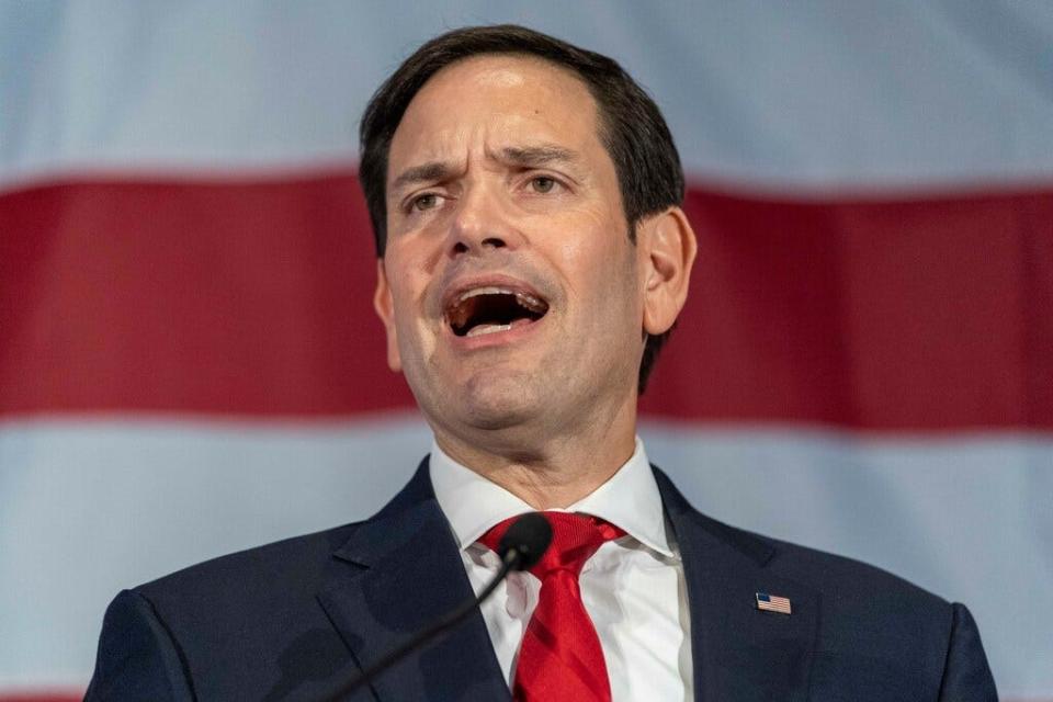 Sen. Marco Rubio speaks at a rally after winning his race against Rep. Val Demings on Tuesday, November 8, 2022, in Miami, Fla.