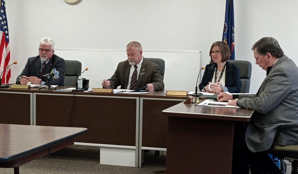 The Wayne County commissioners, at their regular meeting at the courthouse in Honesdale on March 28, 2024. From left: Commissioners James Shook, chairperson Brian Smith and Jocelyn Cramer; and county solicitor Wendell Kay.