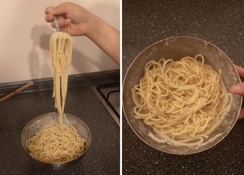 The process of adding cheese and pasta water to the spaghetti.