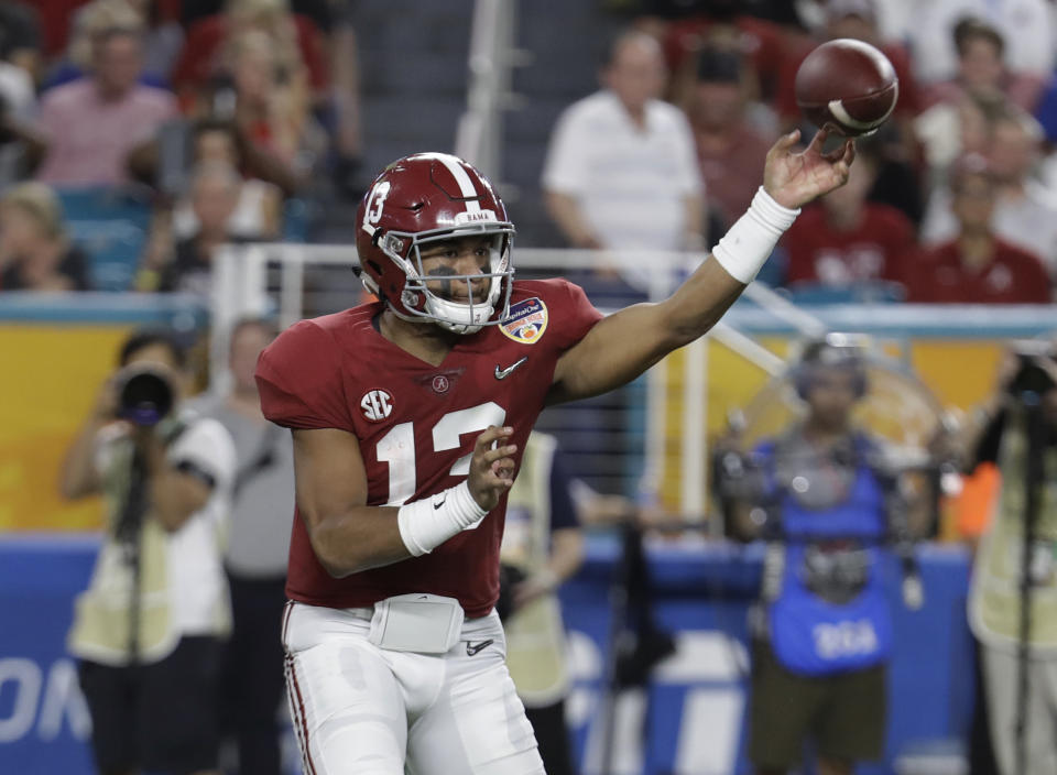 <p>2018 — Alabama’s Tua Tagovailoa (205.19) and Oklahoma’s Kyler Murray (199.20) are both poised to break Mayfield’s efficiency record. They led the two highest-scoring offenses in the nation, finished 1-2 in Heisman voting and played against each other in the College Football Playoff. (Photo credit: AP) </p>