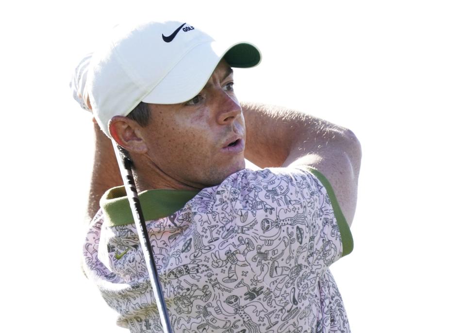 Feb 7, 2021; Scottsdale, Arizona, USA; Rory McIlroy reacts as his tee shot rolls into the lake on the 11th hole during the final round of the Waste Management Phoenix Open at TPC Scottsdale. Mandatory Credit: Rob Schumacher-Arizona Republic via USA TODAY Network