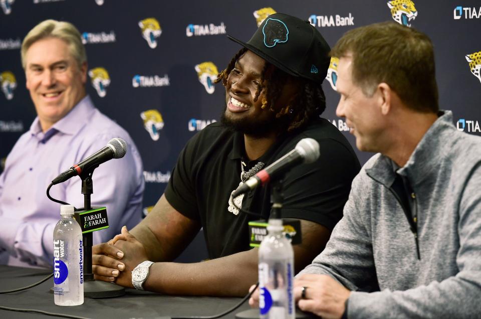 Jacksonville Jaguars head coach Doug Pederson and general manager Trent Baalke flank first round draft pick Anton Harrison during the press conference introducing the newest member of the team. Anton Harrison arrived with his family as he made his first visit at TIAA Bank Field in Jacksonville, FL after being flown down from the Washington, DC area Friday, April 28, 2023. Harrison, an offensive tackle from the University of Oklahoma, became the Jacksonville Jaguars' first round selection in the 2023 NFL Draft, being the 27 overall pick late Thursday night.