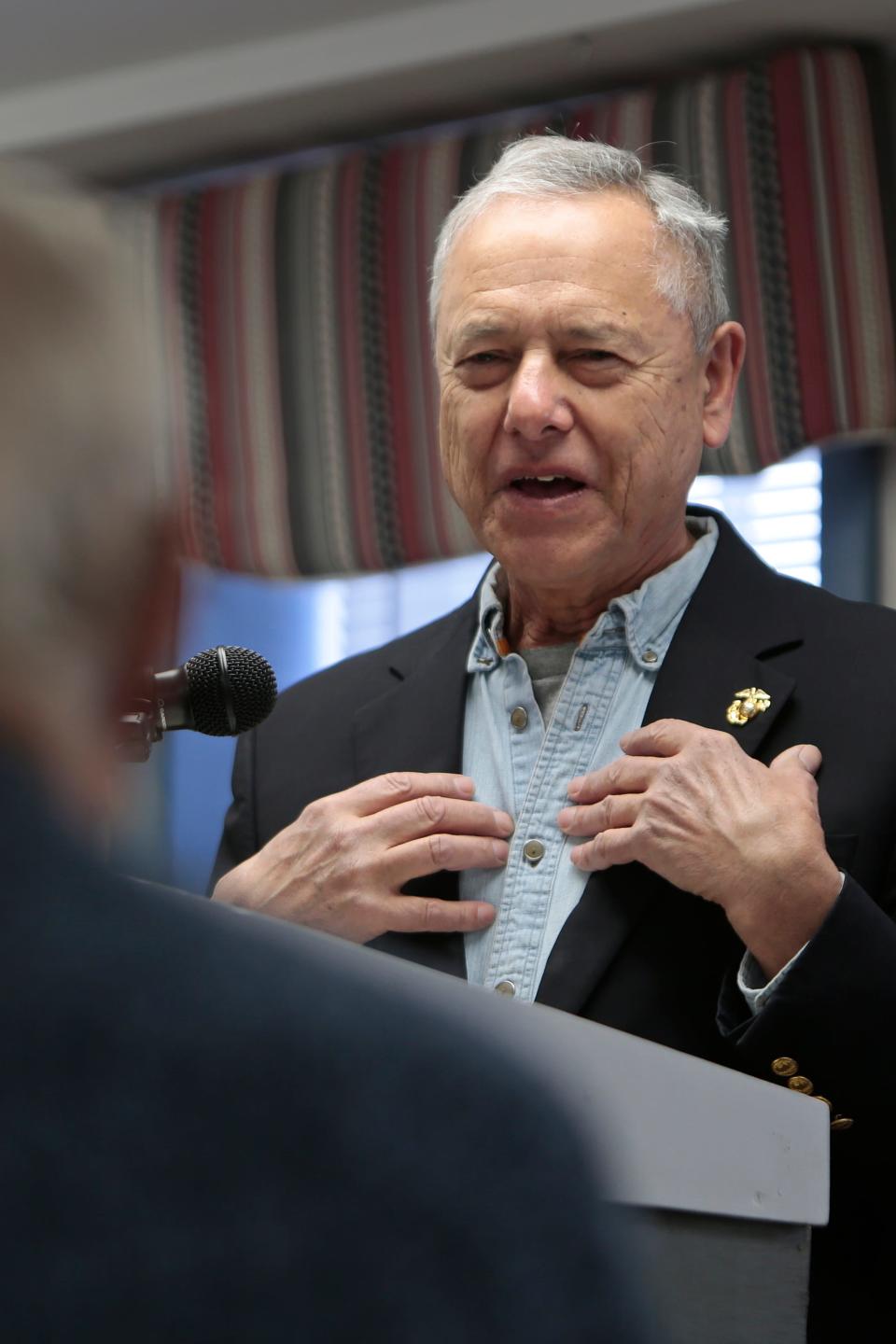 State Representative Paul A. Schmid III addresses Russell T. Hart during a ceremony honoring Mr. Hart in acknowledgement of fifty years of continuous membership. The service was held at the Westport American Legion Post 145.