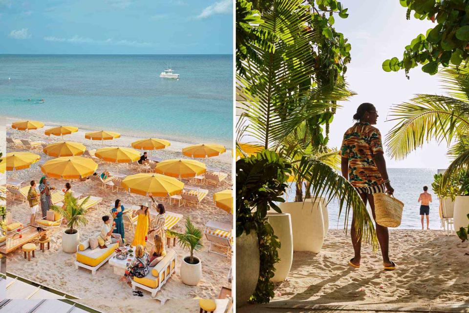 <p>Alpha Smoot</p> From left: Guests mingle at the Palm Heights hotel, on Grand Cayman; the beach at Palm Heights.