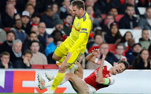 Soccer Football - Europa League - Round of 32 Second Leg - Arsenal v BATE Borisov - Emirates Stadium, London, Britain - February 21, 2019 BATE Borisov's Maksim Skavysh in action with Arsenal's Laurent Koscielny  - Credit: REUTERS