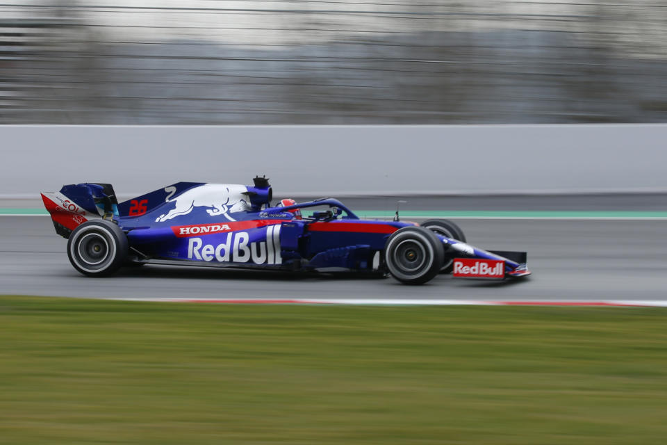 Toro Rosso driver Daniil Kvyat of Russia steers his car, during a Formula One pre-season testing session at the Barcelona Catalunya racetrack in Montmelo, outside Barcelona, Spain, Wednesday, Feb.20, 2019. (AP Photo/Joan Monfort)