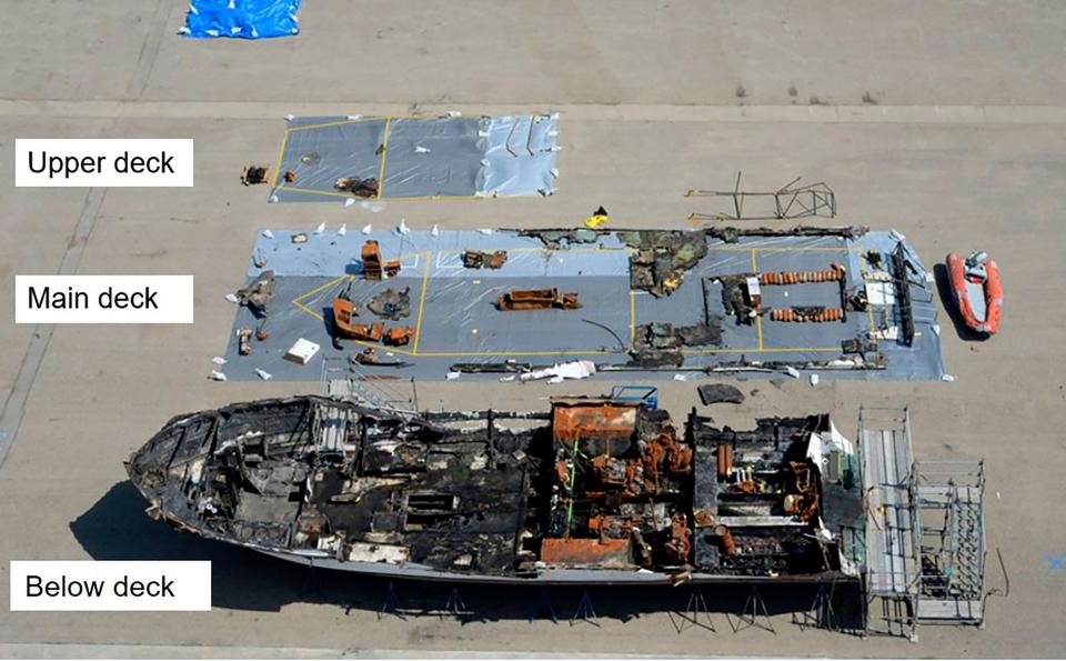 A dive boat fire that killed 34 people off the coast of California was probably caused by mobile phones left charging overnight, according to investigators. (NTSB via AP)