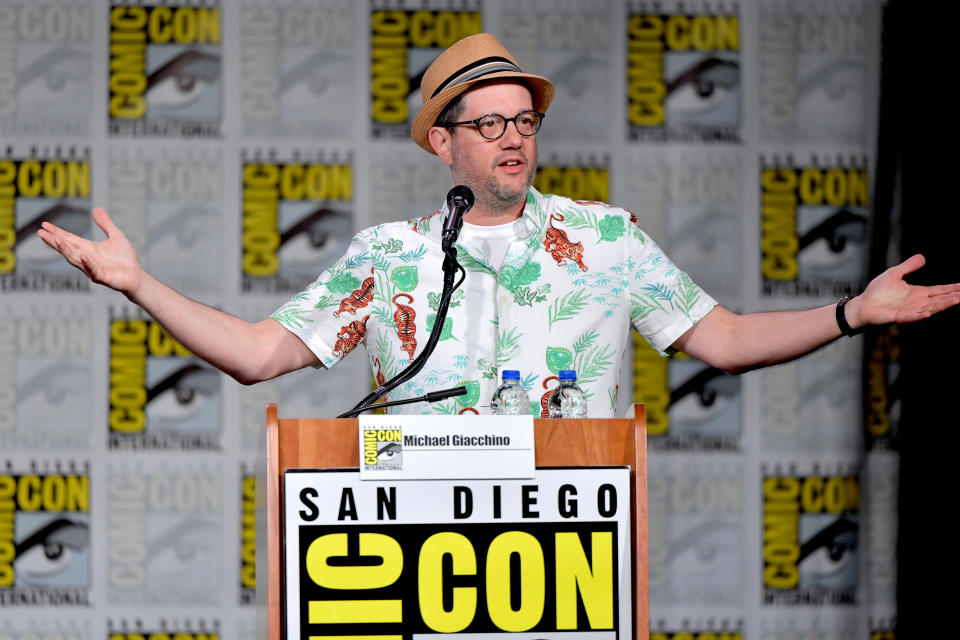 SAN DIEGO, CALIFORNIA - JULY 18: Michael Giacchino speaks at the "7th Annual Musical Anatomy Of A Superhero: Film And TV Composer" panel during 2019 Comic-Con International at San Diego Convention Center on July 18, 2019 in San Diego, California. (Photo by Amy Sussman/Getty Images)