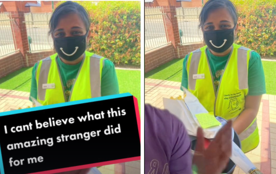 Woolworths staff member Mansi in a still from Carly Portch's TikTok video. Text on screen reads: 