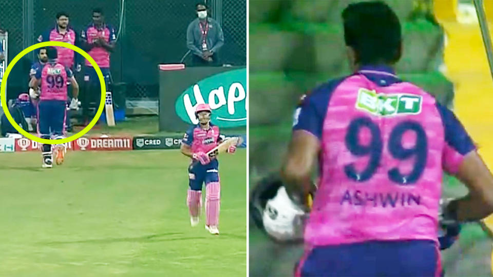 Ravi Ashwin, pictured here being 'retired out' in controversial scenes in the IPL.