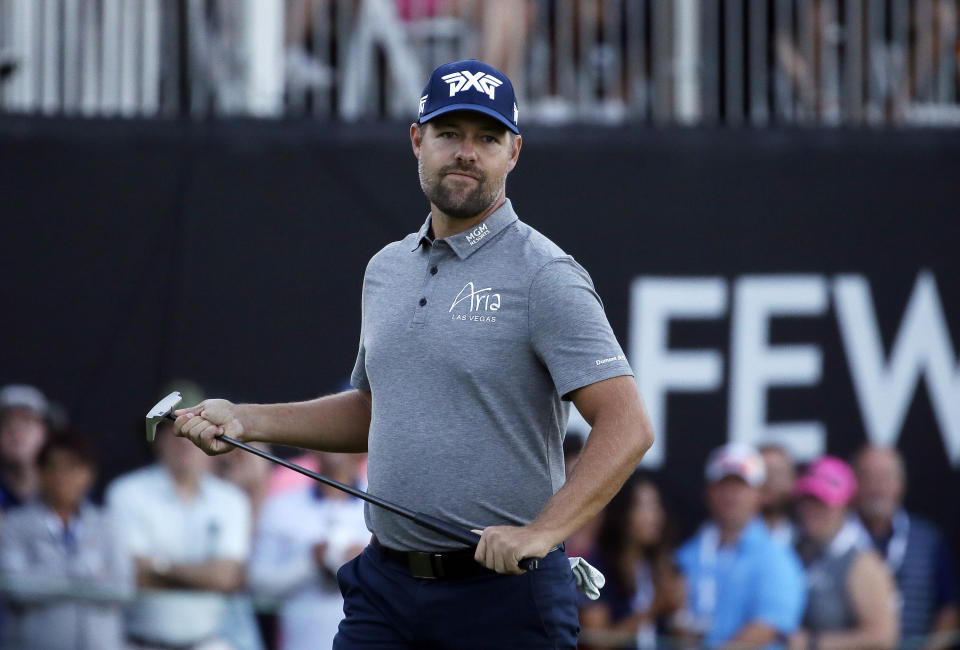 Ryan Moore reacts after missing a putt on the second playoff hole of the Safeway Open PGA golf tournament, Sunday, Oct. 7, 2018, in Napa, Calif. Kevin Tway won the tournament on the third playoff hole. (AP Photo/Eric Risberg)